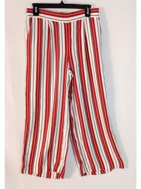 Ann Taylor Loft Red White Stripe Wide Leg Crop Pants Elastic Waist S